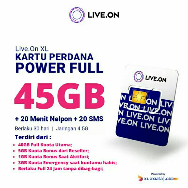 Kartu perdana XL live on 55gb,50gb,45gb, dan 40gb/30 hari