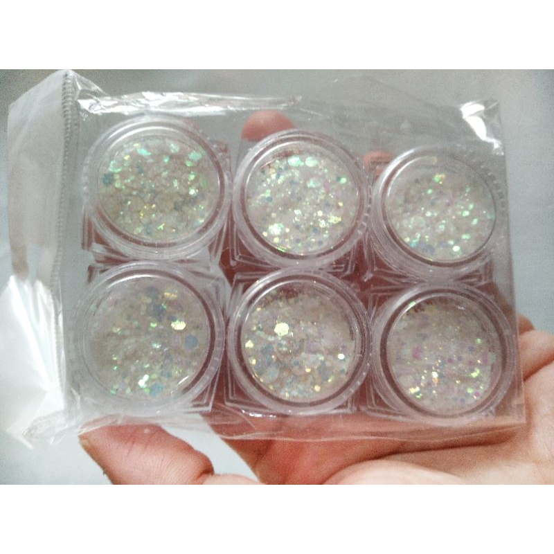 Senquin Glitter Putih Hexagonal isi 6 pcs untuk Hiasan Nail Arts