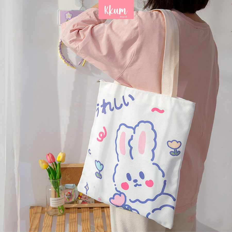 Totebag kanvas kartun korea wanita/ Tas kuliah remaja cute