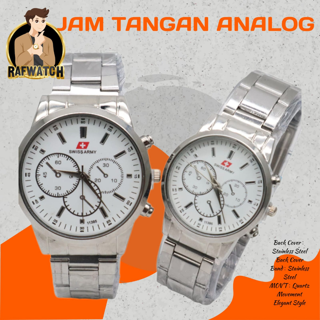 Jam Tangan Pasangan Pria Wanita Analog Casual Rantai Stainless Silver Hitam RPA8