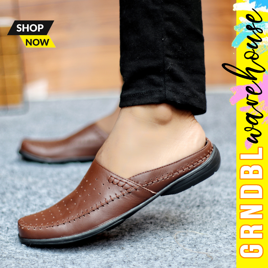 Sepatu Sendal Pria Bustong Tutong Kulit Pria Sandal Slop Selop Pria Kulit Asli Ori JYLO