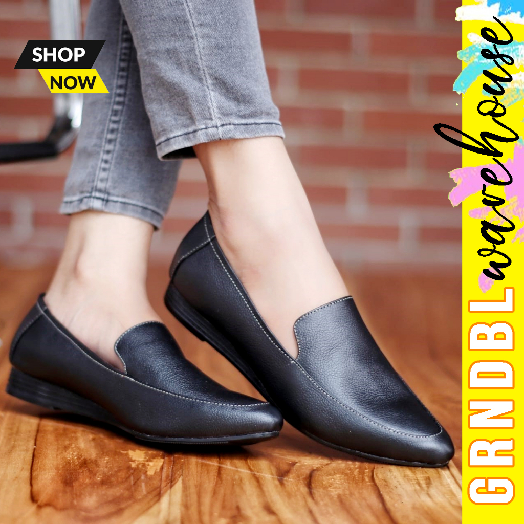 GRNDBL X MOYMIN Sepatu Casual Slip On Selop Slop Kulit Asli Cewe / Cewek Wanita