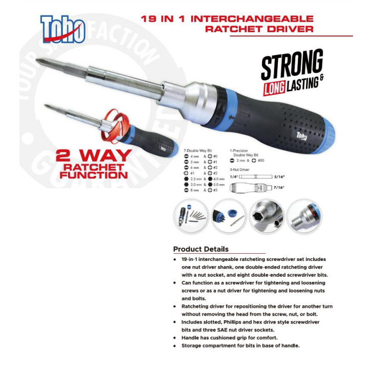 Obeng Ratchet Set 19 in 1 Interchangeable Toho