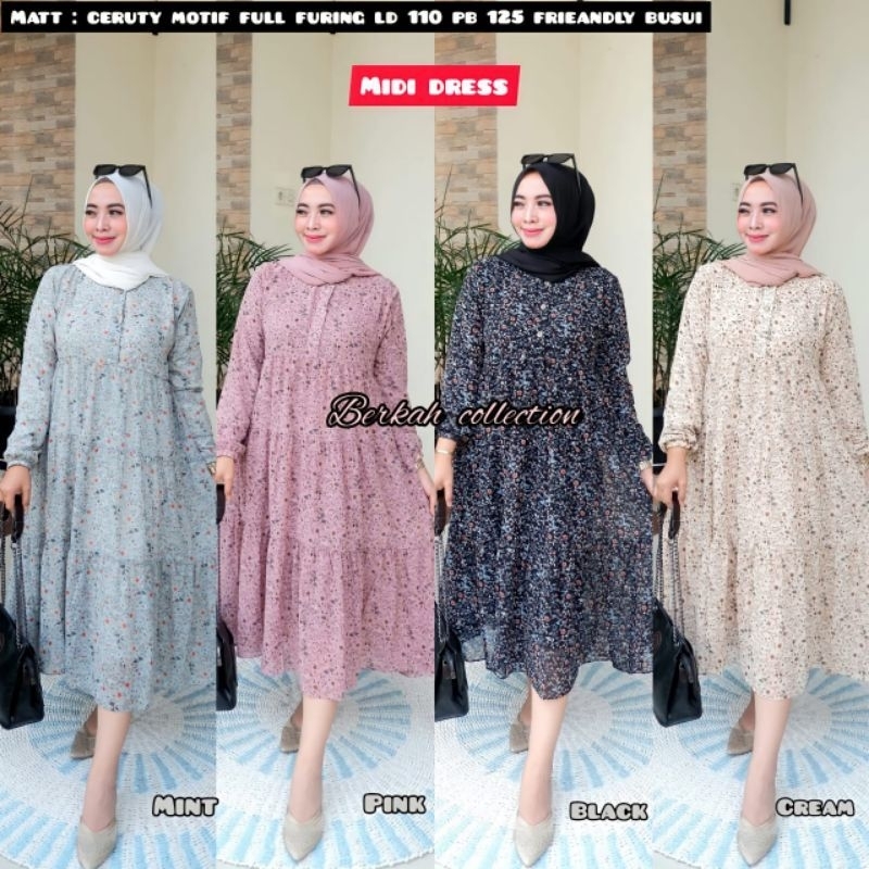 MIDI DRESS BAHAN CERUTY BABYDOLL/MIDI DRESS MOTIF BUNGA TERBARU/MIDI DRESS  KANCING/DRESS CERUTY BAB