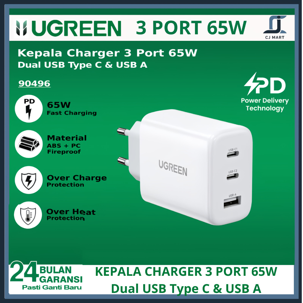 UGREEN Kepala Charger Dual Port USB A USB Type C Fast Charging 65W