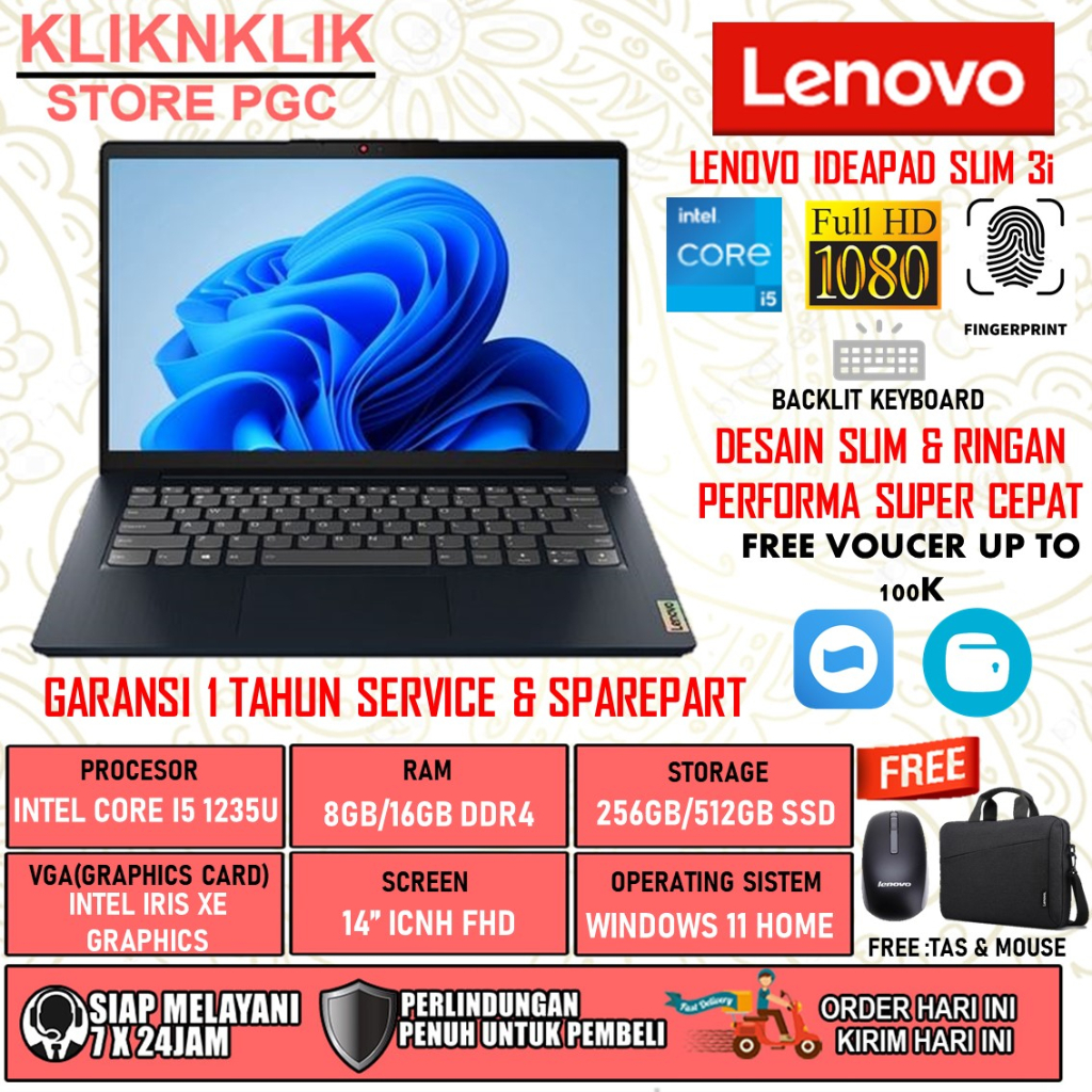 LAPTOP LENOVO IDEAPAD SLIM 3I INTEL CORE I3 1115G4 RAM 8GB 16GB 512GB SSD FHD BACKLIT WINDOWS 11 HOME