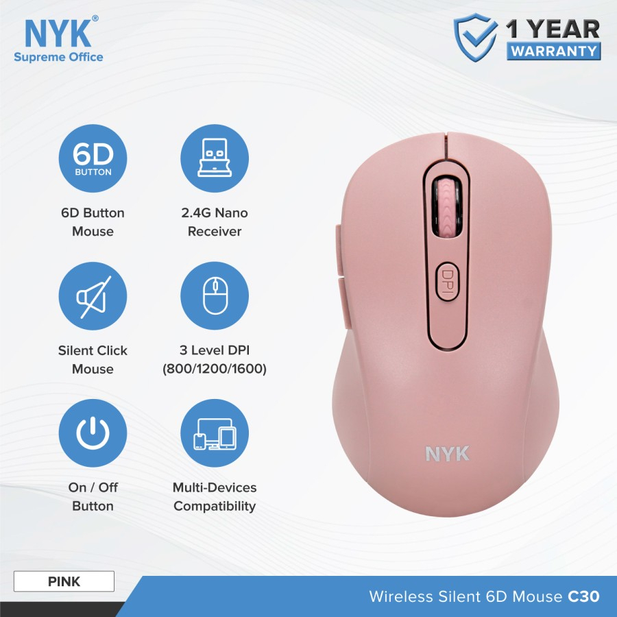 Mouse Wireless NYK C30 Silent Click Matte Pink