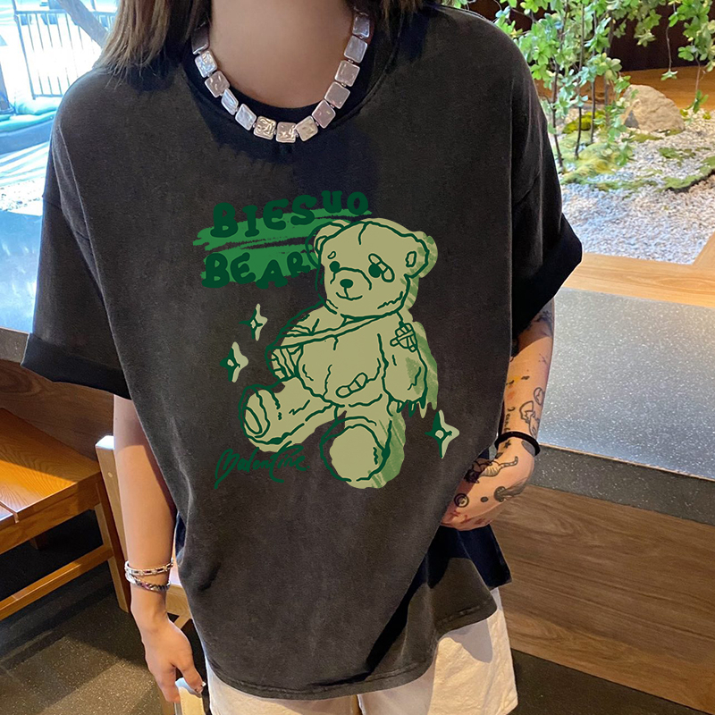 Print T-shirt Kaos Lengan Pendek Cartoon BIESUO Bear Oversize Atasan Wanita Korean Style