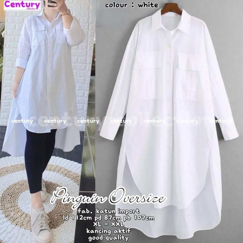 Pinguin Long Tunik Polos Putih Katun Import Ld 112 Jumbo Fit XXL Busui Kancing By Century
