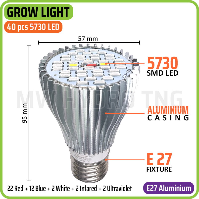 LED Plant Grow Light, E27 Aluminium Case, 40 pcs 5730 SMD LED (Red + Blue + White + Infrared + Ultraviolet) - Lampu Tumbuh Tanaman