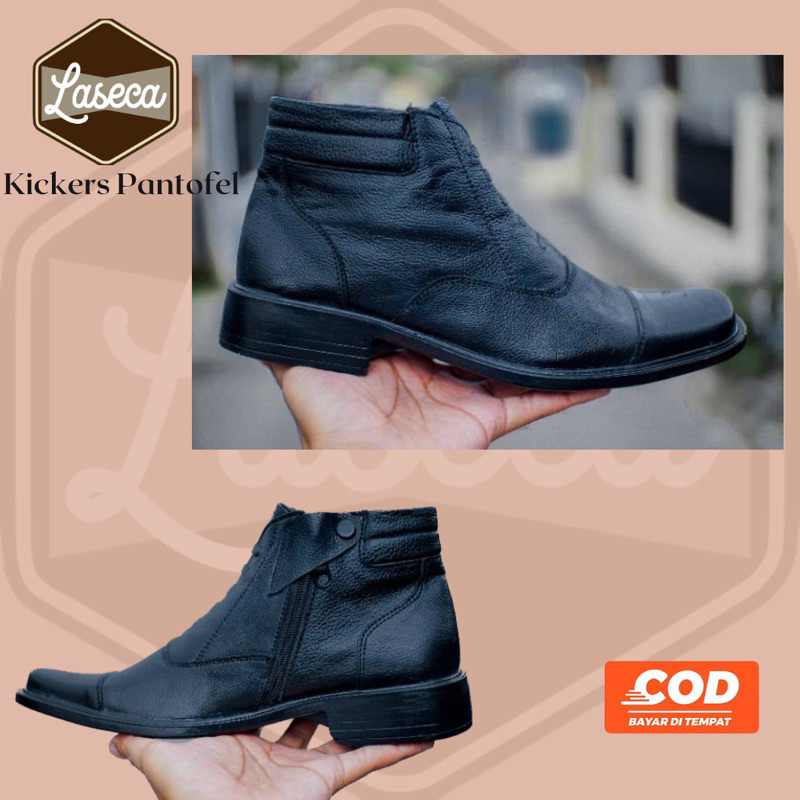 COD | SEPATU PANTOFEL SLETING KULIT PRIA KICKERS MODEL TINGGI ZPPER RESLETING WARNA HITAM 39 - 43