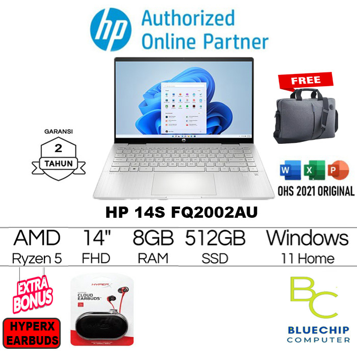 Laptop HP 14S-FQ2002AU - Ryzen5-5625U 8GB 512GB SSD 14" FHD WIN11 +OHS
