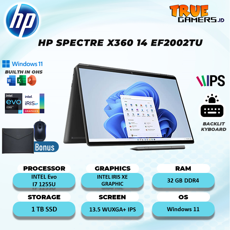 Laptop Hp Spectre X360 14 Ef2002TU Touch I7 1355U 32GB 1TBSSD IRISXE 13.5WUXGA+ IPS W11+OHS BLIT PEN