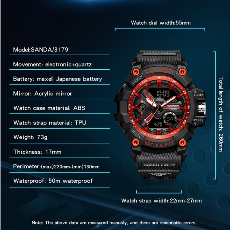 SANDA 3179 Jam Tangan Pria Digital Analog Tali Rubber Chronograph Anti Air WATCHKITE WKOS