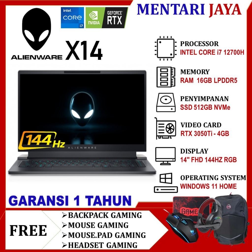 LAPTOP GAMING DELL ALIENWARE X14 i7 12700H 16GB 512GB RTX 3050TI 14 FHD 144HZ RGB WIN 11 HOME