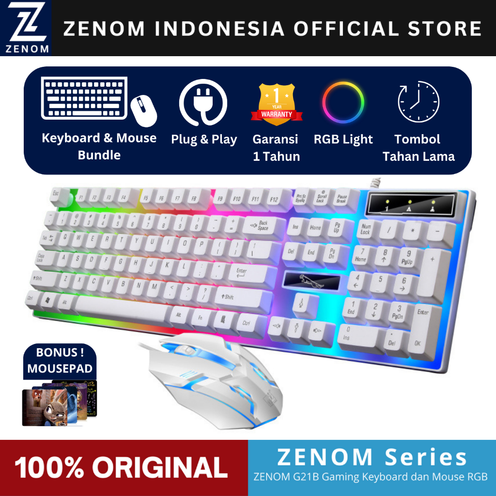 Paket Keyboard Gaming dan Mouse ZENOM G21B RGB USB Kabel