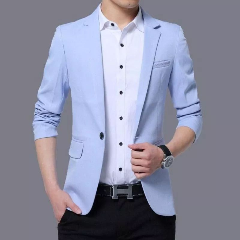 Jas Blazer Pria Biru Muda Kancing Satu