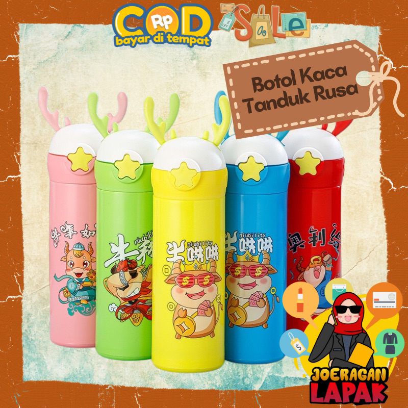⭐️JOERAGANLAPAK⭐️BOTOL KACA TANDUK RUSA TUMBLR LAPIS PLASTIK BOTTLE KARAKTER LUCU SEDOTAN