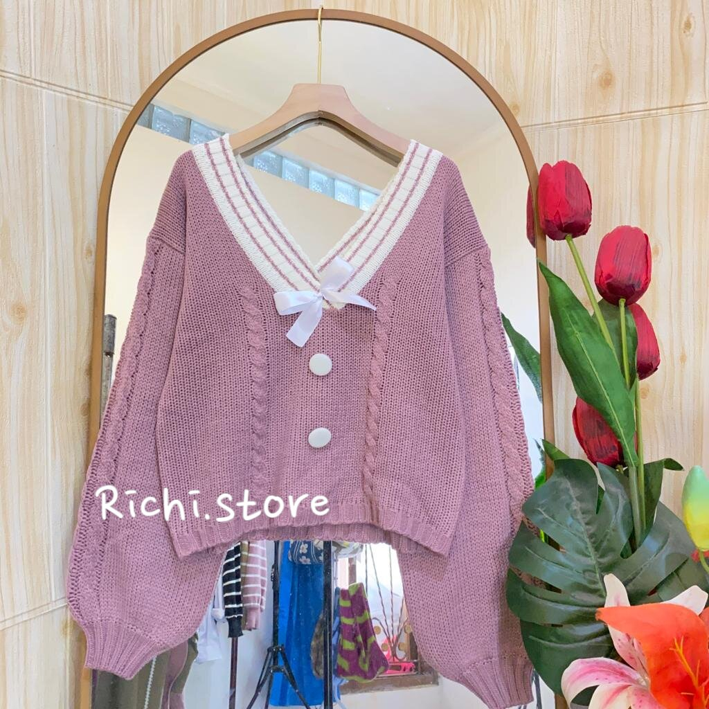 AURA BLOUSE WANITA RAJUT V-NECK LENGAN BALON DENGAN PITA DAN KANCING