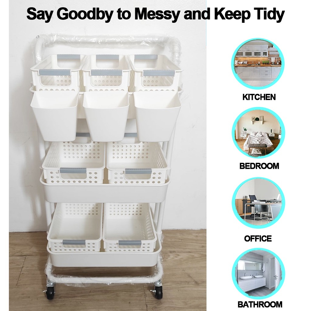 Rak Troli Keranjang Trolley Organizer Bayi Baru Lahir Organizer Dengan Keranjang Lebar 3-Tier Keranjang Utilitas Kamar Tidur