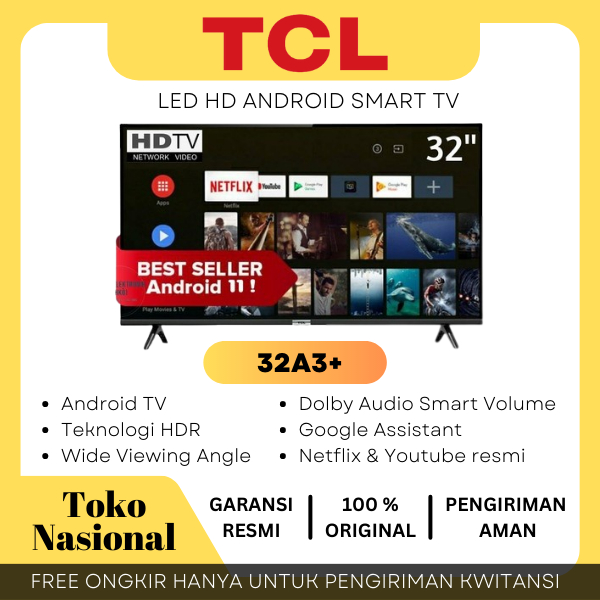 [Cianjur] TCL LED TV 32" Android 11 Digital Smart TV 32A3+