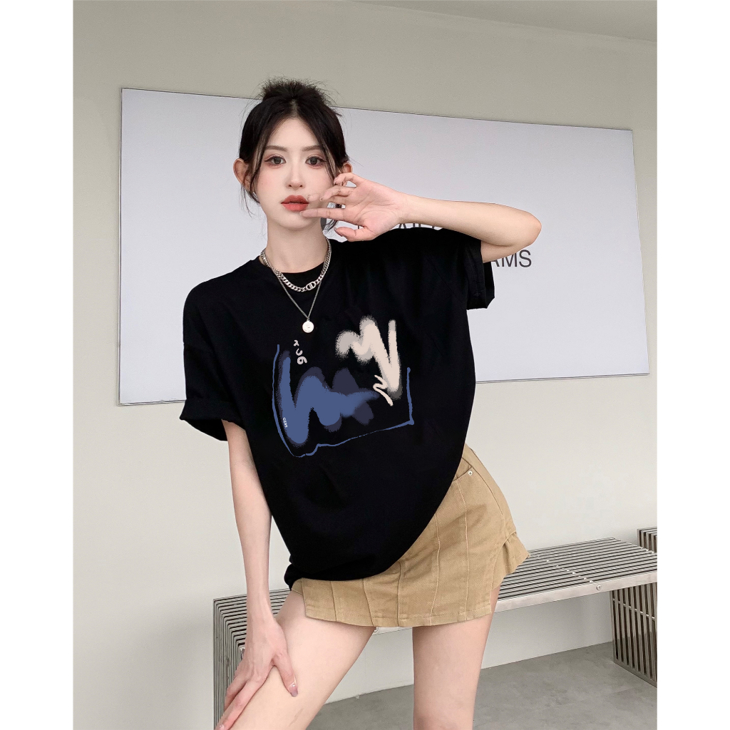 kaos wanita korean style/baju oversize blue brush motif graffiti kaos cream kekinian kaos basic