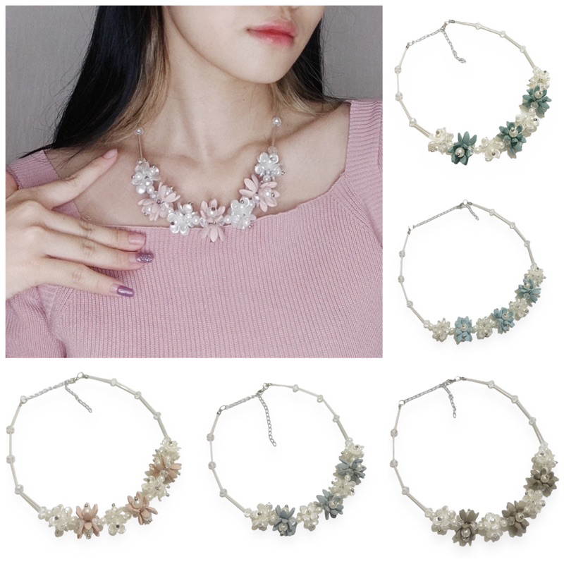 Sharon Flowery Crystal Necklace Kalung Panjang Hijab Bunga Mutiara Kristal