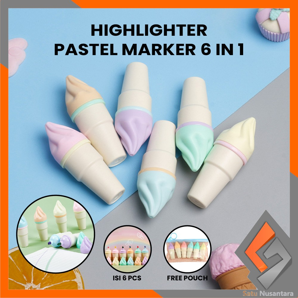 

SN-A57 Highlighter Pen Es Krim Cone Monas 6 in 1 Free Pouch Penanda Berwarna / Spidol Highlighter Model Ice Cream Cone Unik Alat Tulis kantor Stationery