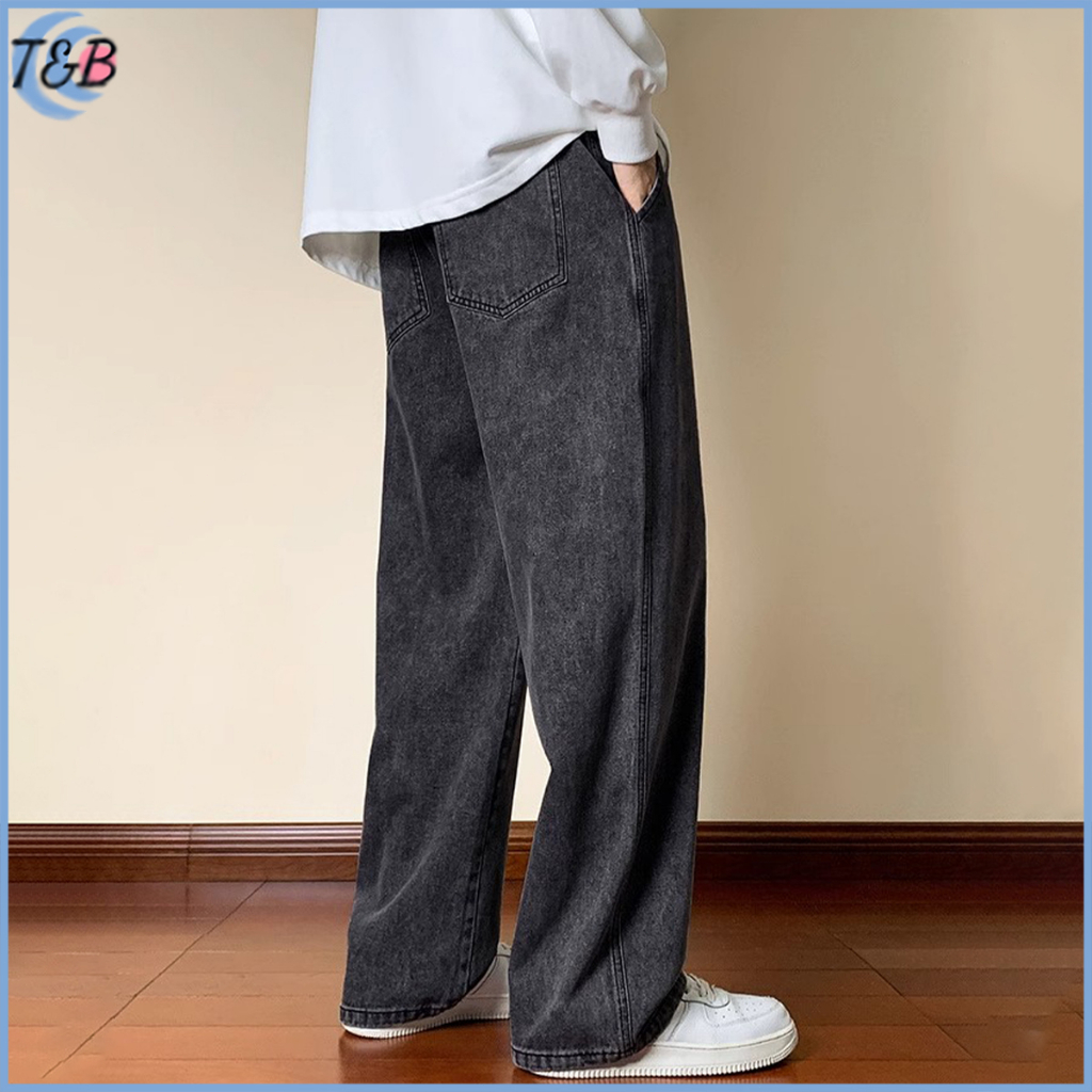 Celana jeans pria Jeans pinggang karet korean style loose pants kulot pria celana panjang cowok Abu-abu hitam oversize Tali Serut celana jeans cowok straight pants Nyaman Santai denim