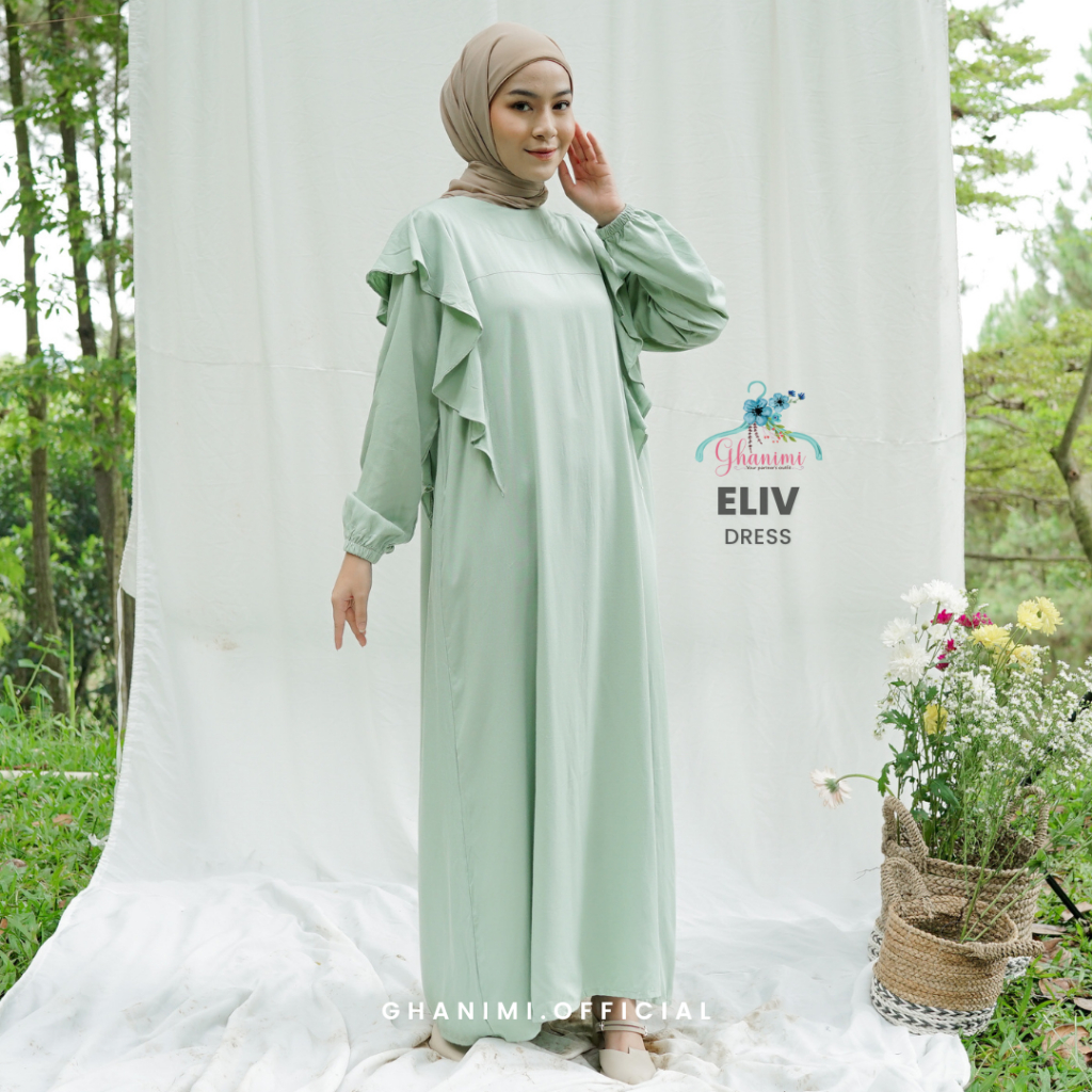 Ghanimi - Eliv Dress / Dress Panjang Ruffle / gamis panjang / dress terbaru / dress casual simple / gamis simple panjang lengan karet wudhu friendly