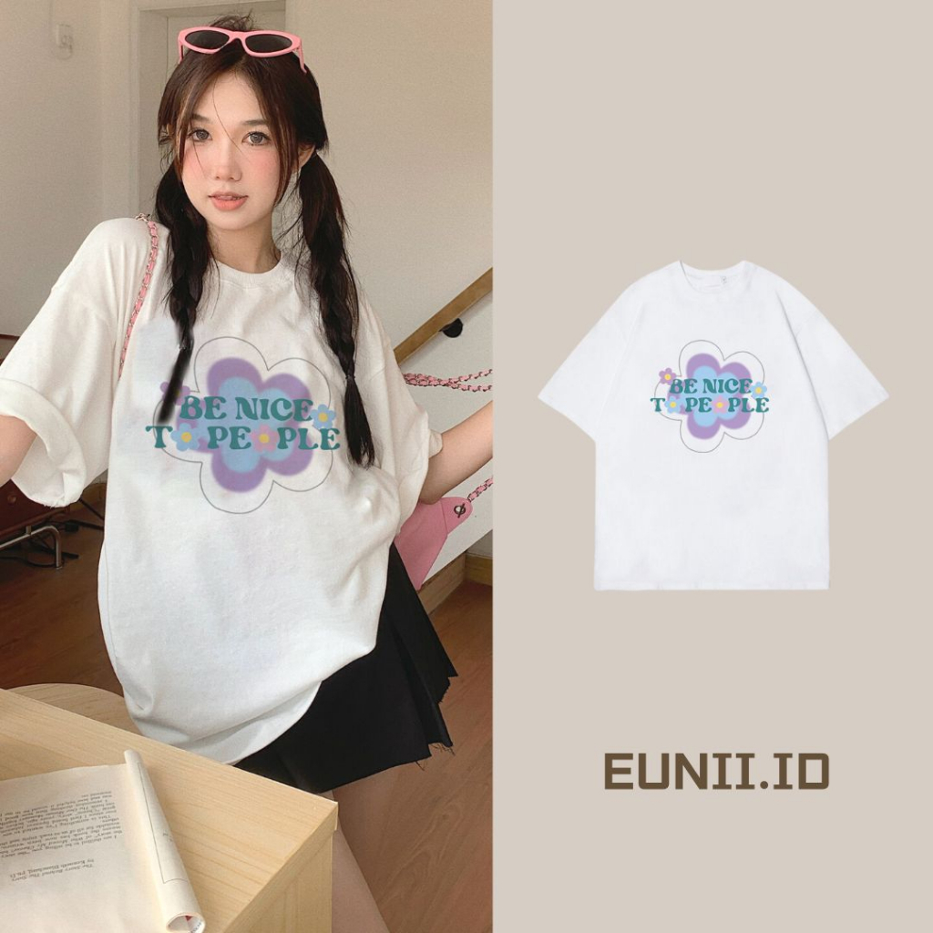 EUNII T-shirt Lengan Pendek Cute Purple Flowers Korean Style/Kaos Atasan Wanita/Baju Kaus Oversize Wanita/Kaos Wanita