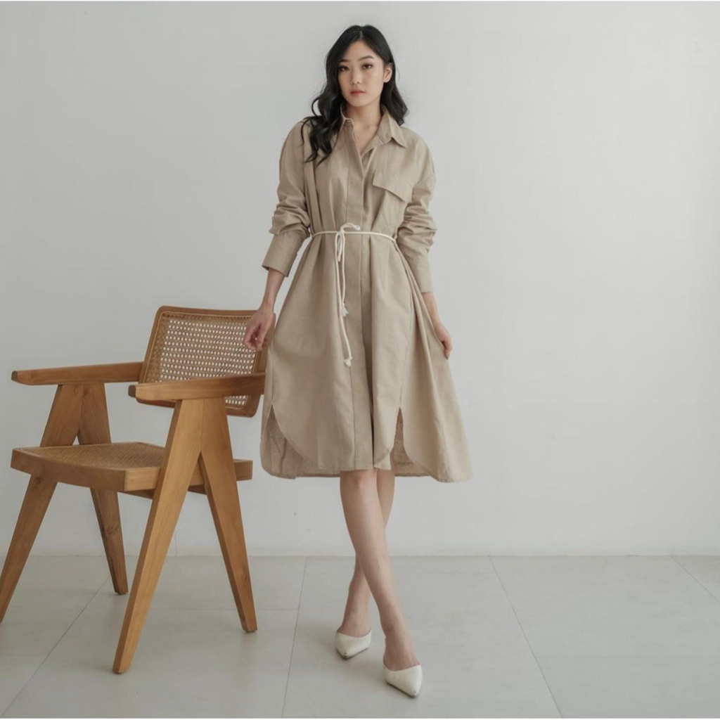 Kemeja Dress Lengan Panjang dengan Tali Pinggang - Gracella Shirt Dress - Kemeja Tunik Wanita Lengan Panjang Gracella