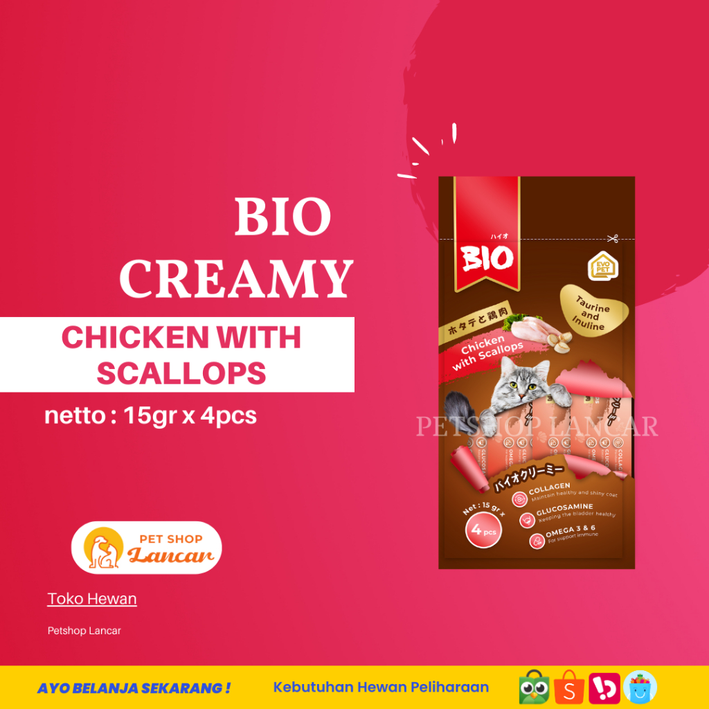 Bio Creamy Snack Kucing Liquid Chicken Scallops 4x15gr