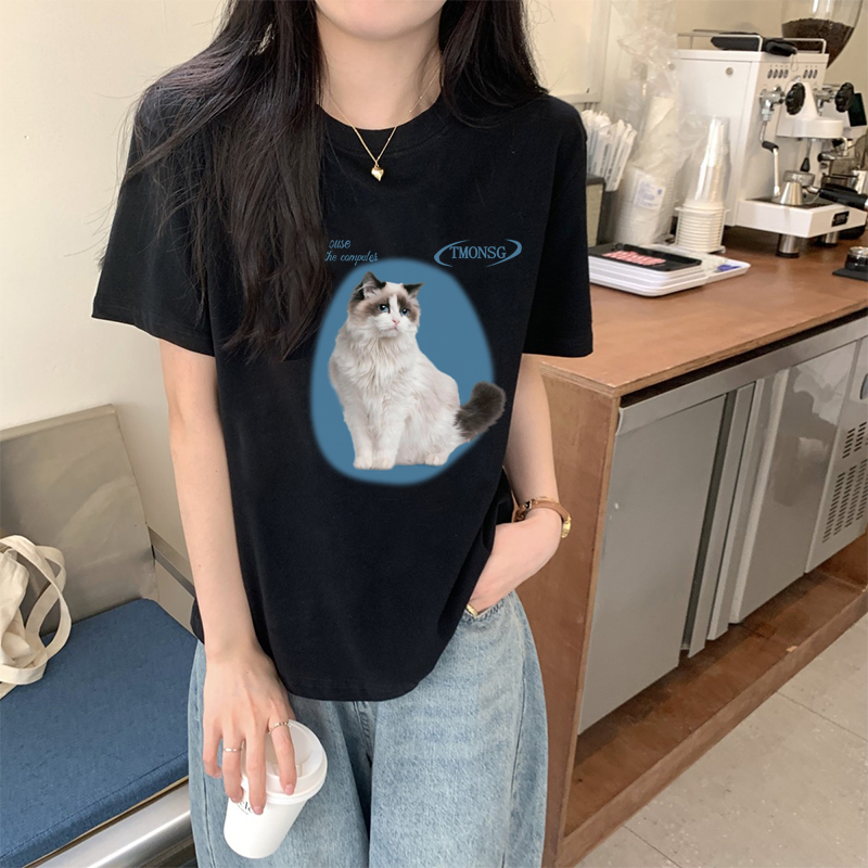 Print T-shirt Kaos Lengan Pendek Cartoon Cat Plush Oversize Atasan Wanita Korean Style