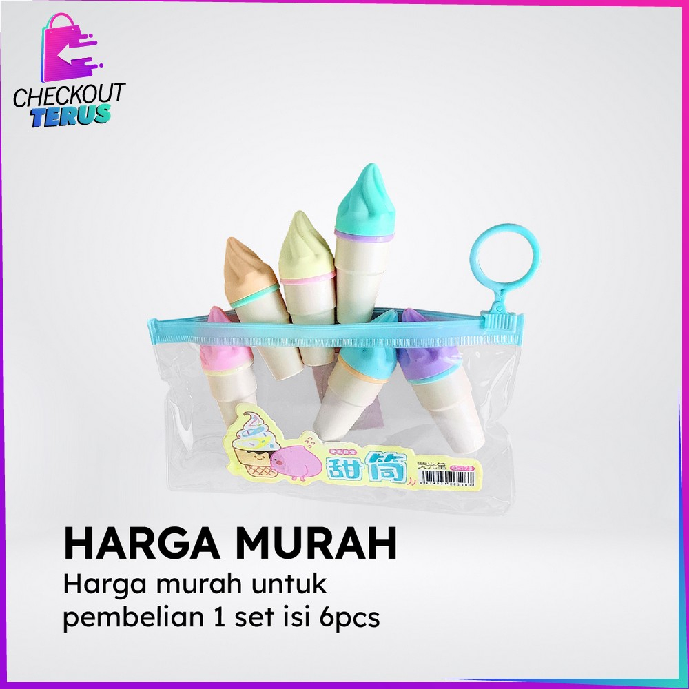 CT A57 Highlighter Pen Es Krim Cone Monas Unik 6IN1 Free Pouch Stationery Alat Tulis Kantor Penanda Berwarna Spidol Highlighter Ice Cream Cone