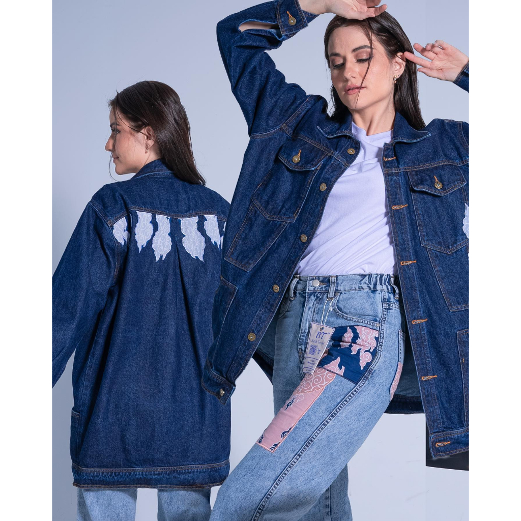 BATIK TRUSMI Denim Life Series Jaket Panjang Wanita Denim Kombinasi Batik Mega Mendung