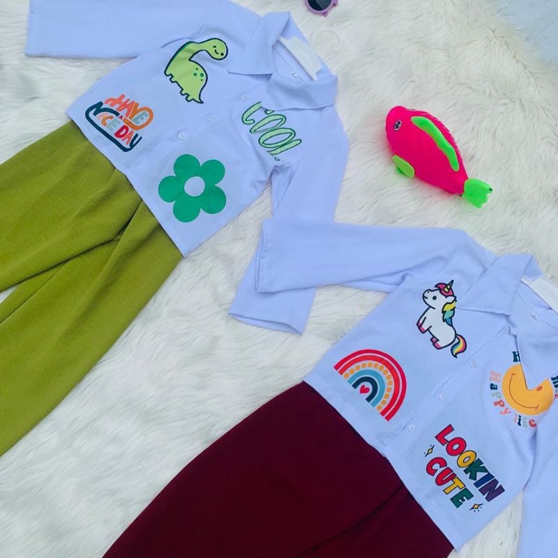 Baju Setelan Anak Perempuan Crop Top EMOJI Viral Crinkle DTF | Baju Kemeja Anak Cewe Bahan Crinkle Airflow Premium Usia 2-9 Tahun