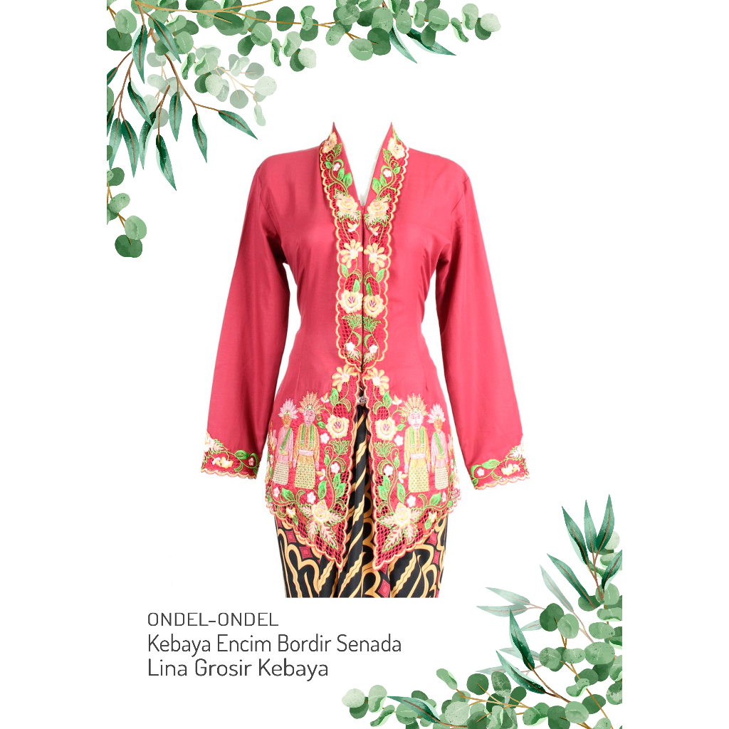Kebaya Encim Kartini Katun Bordir Merah Ondel Ondel Jakarta Lengan Panjang