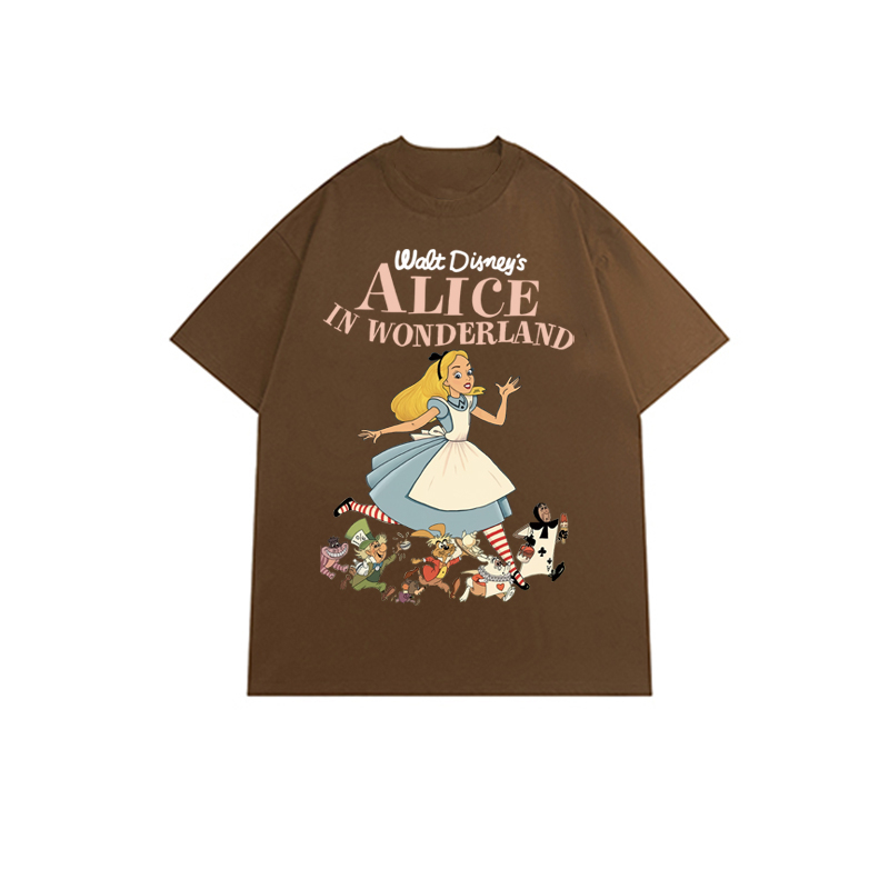 Kaos Puith Atasan Wanita Lengan Pendek Oversize  Alice In Wonderland Printed T-shirt Baju Wanita Kekinian Korean Style/Baju coklat