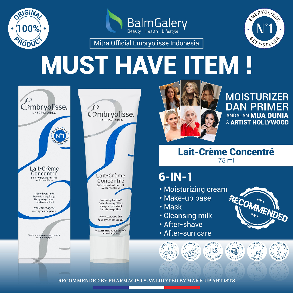 Embryolisse Lait-Creme Concentre 30ml/75ml – Miracle Cream 6 IN 1 : Makeup Base Primer + Pelembab Moisturizer Wajah + Makeup Cleanser Remover + Masker + Suncare + Cream After Shave - Rekomendasi MUA dan Artist Hollywood - 1x