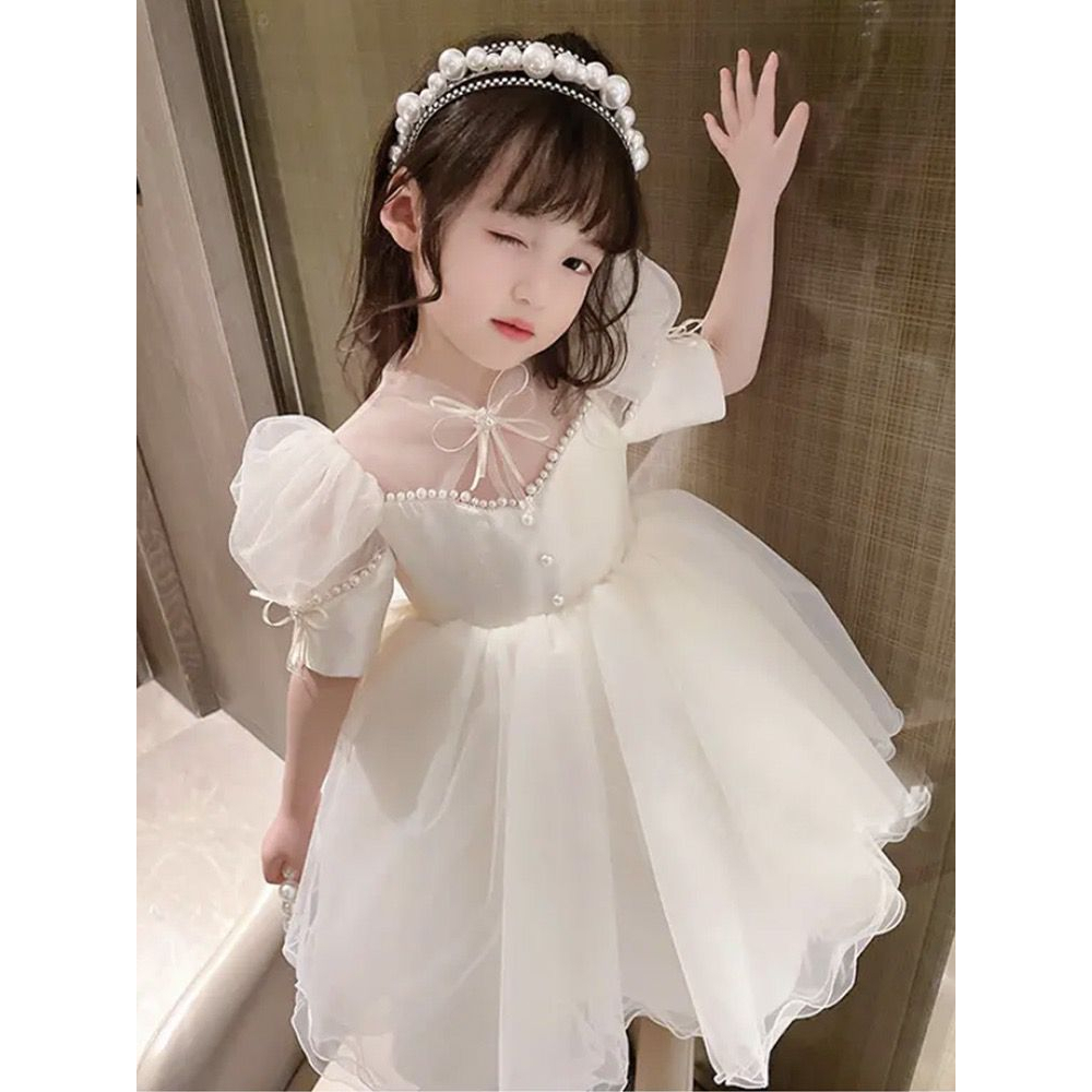 Dress Anak Perempuan Fashion Import Cream Lace Transparant Pita Mutiara