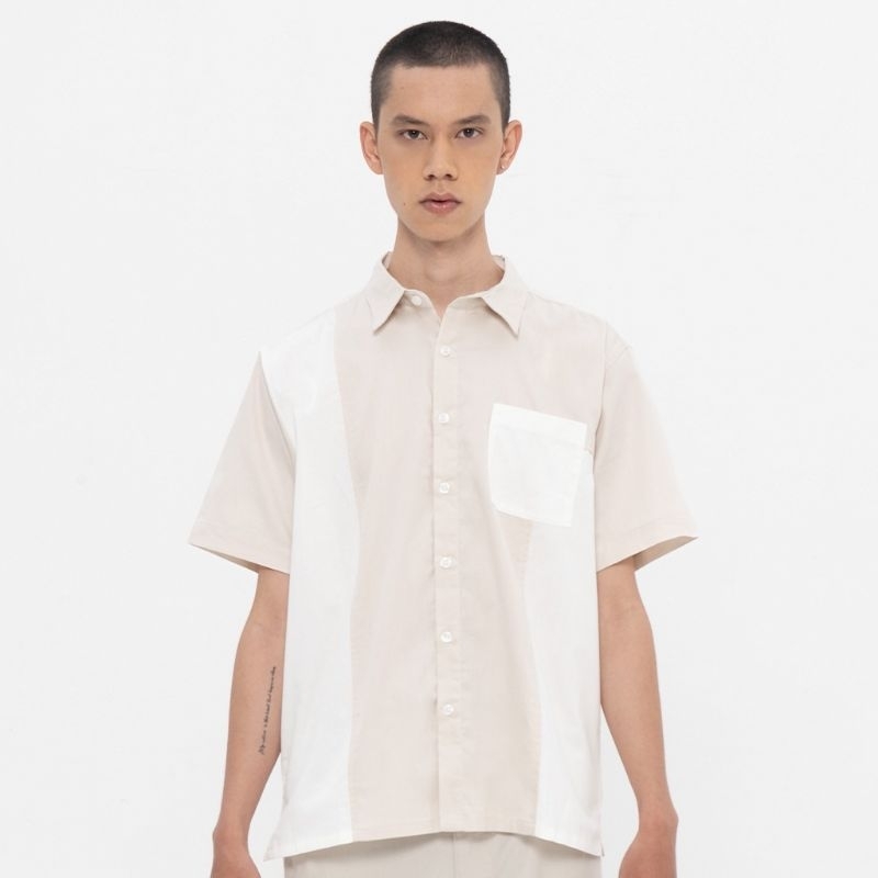 Kemeja Pria M231 Patchwork Kombinasi Krem Putih Cream White