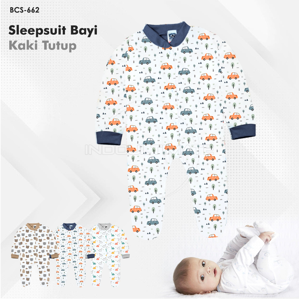 1Pcs Jumper Panjang Kaki Tutup Sleepsuit Piyama Newborn SNI Jumsuit Full Print Baju Panjang Bayi Katun Model Terbaru 2023 BCS-662 Baju Tidur Panjang Kaki Tutup Murah Kualitas Terbaik