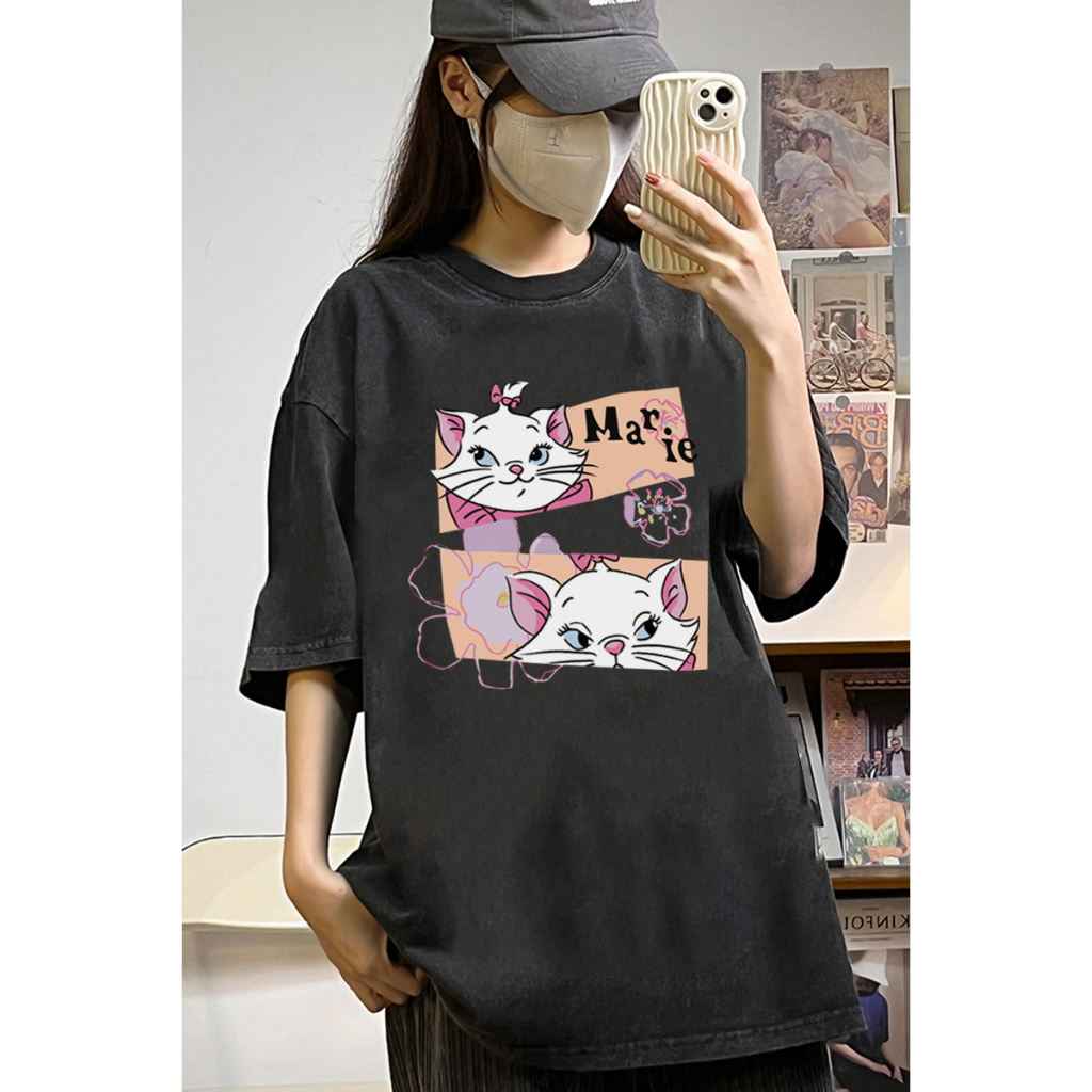 EUNII T-shirt Lengan Pendek Black Washed Cartoon Hello Kitty Printing Korean Style/Kaos Atasan Wanita/Baju Wanita/Kaos Wanita