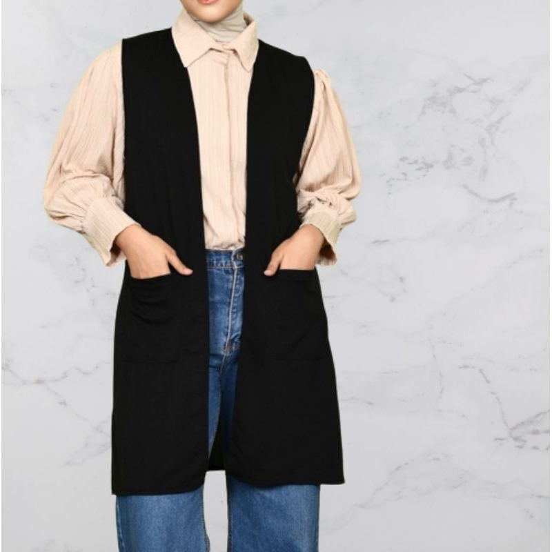 Cardigan Pocket Tanpa Lengan Bahan Crinckle Ukuran All size