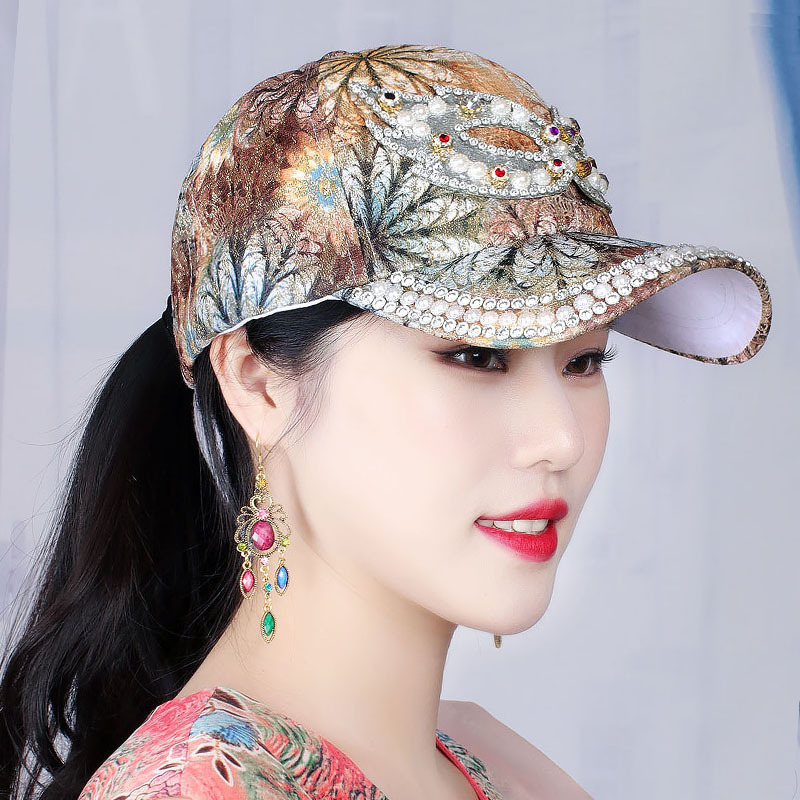 topi wanita vintage musim semi / musim panas elegan vintage cantik mutiara cerah berlian baseball topi