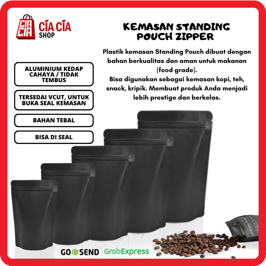 Kemasan Standing Pouch Zipper Alu Kopi / Biji Kedap Cahaya 24x34 Hitam