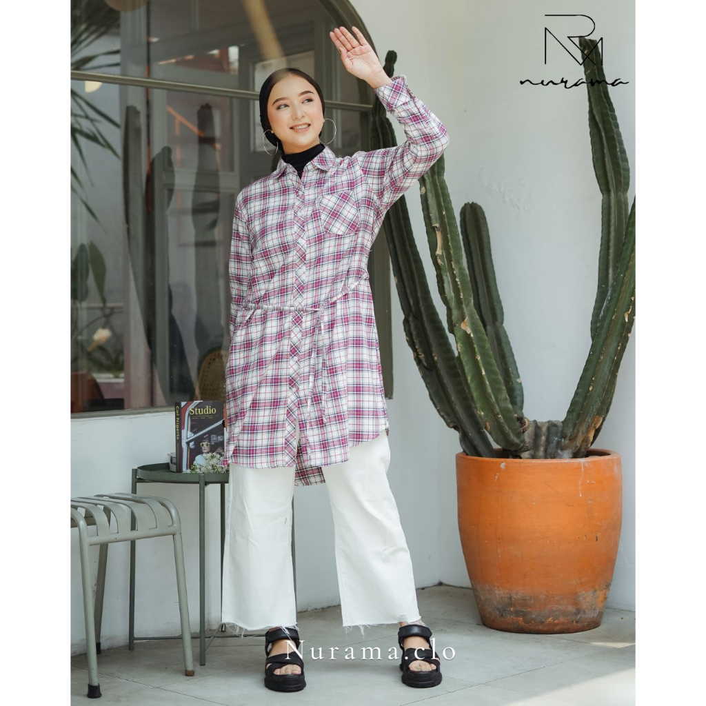 Aklema Kemeja Flanel Wanita Lengan Panjang Motif Kotak-Kotak Tunik Shirt Tali Adjustable  | P02 FAN
