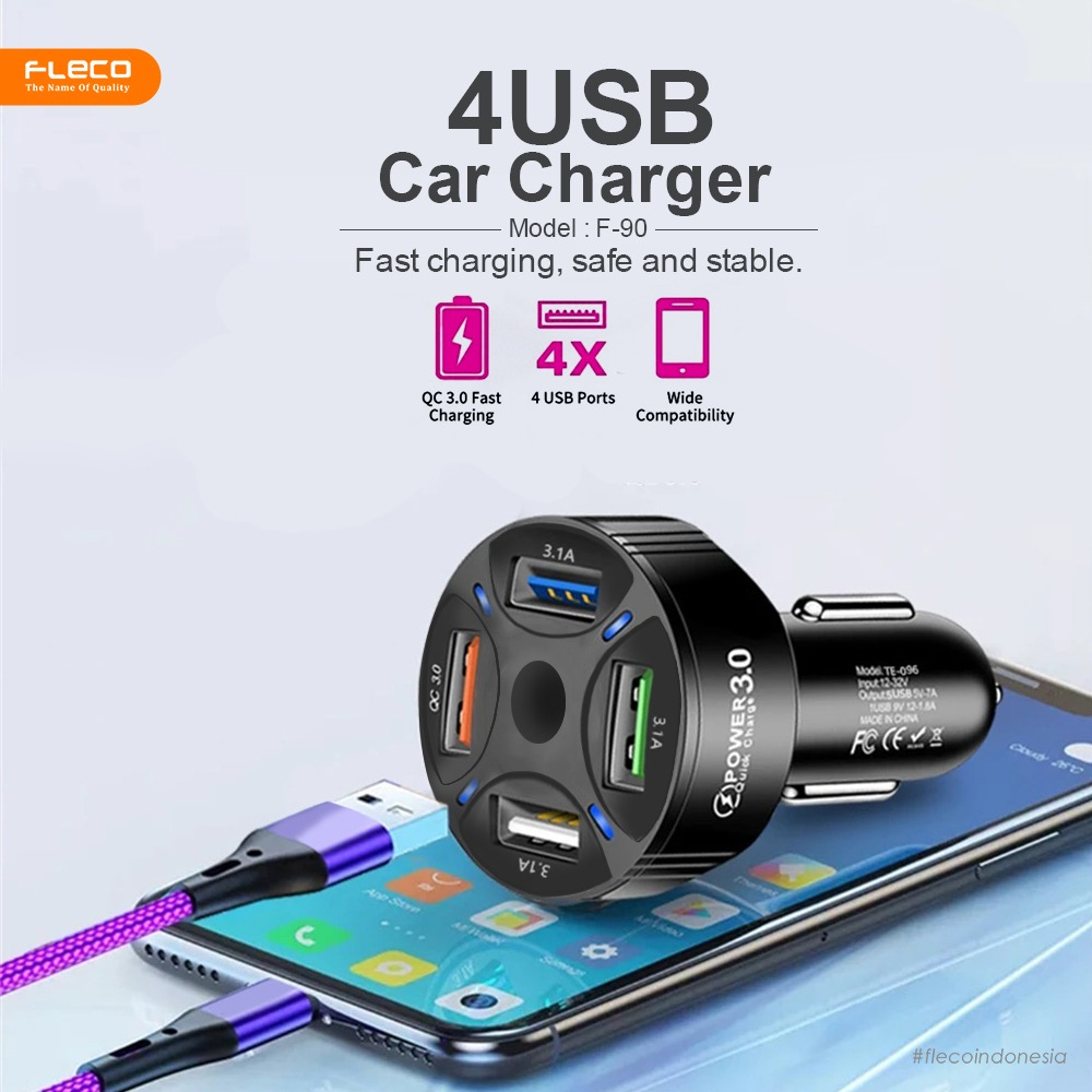 Car Charger cas mobil 4 port fast charging F-90 FLECO FREE kabel MICRO / TYPE C