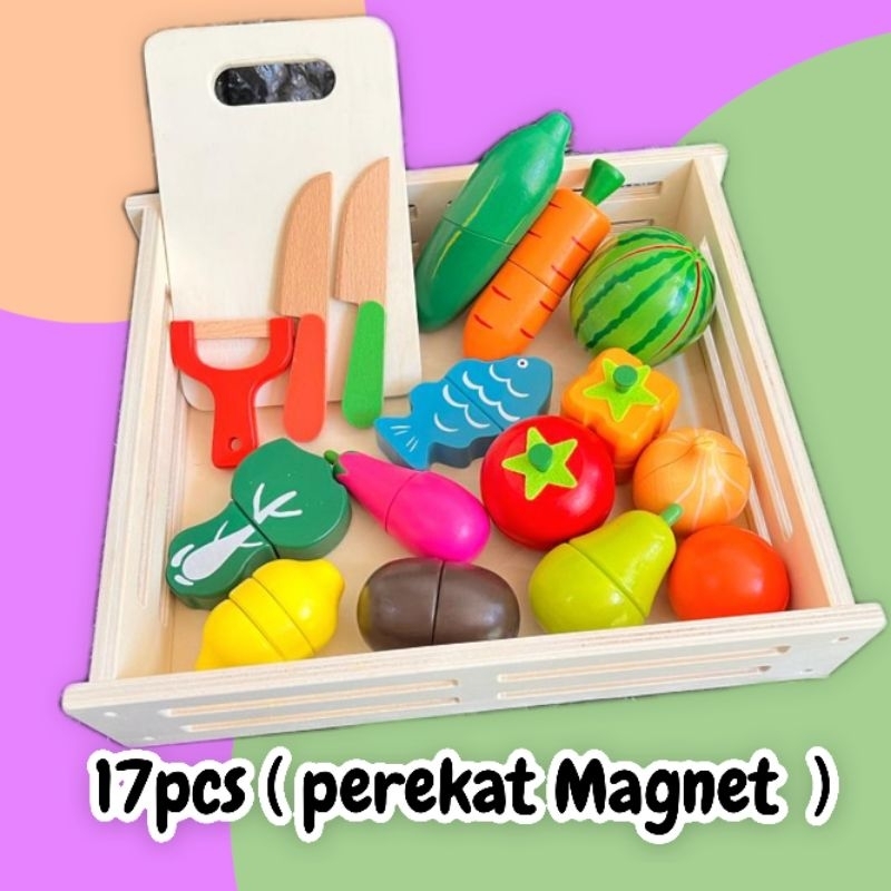 Wooden Fruit and Vegie Cutting Toys Pretend Play Magnet